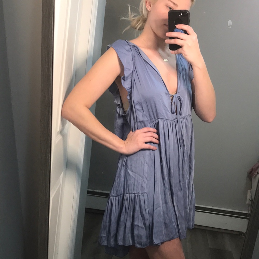 Free People Blue Want Your Love Mini Dress Flowy Reversible Smocked Large L
